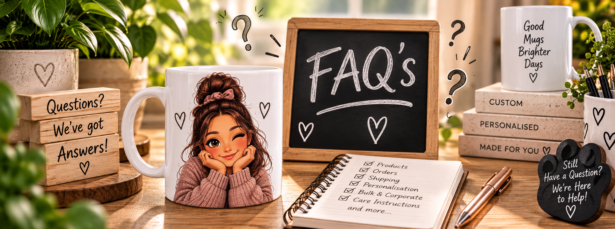 Personalised HeyBro mug beside a FAQs chalkboard
